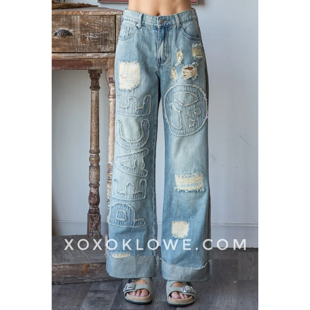 Oli & Hali Peace Patched & Lettered Distressed Y2K Loose Fit Jeans - Picture 3 of 11